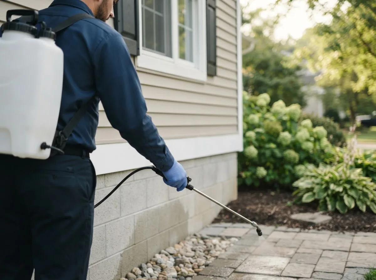 Pest control technician inspecting a home in Espanola, NM
